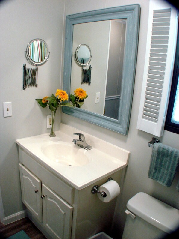 A bathroom with a white sink, mirror, and toilet. There are two vases with flowers on the sink, and a towel hanging on the toilet. - Newly Renovated Lakeside Cottage, Beautiful Lake Views With Adjacent Boat Ramp. (Dover)
