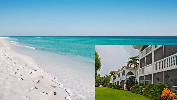 A beach with footprints and a resort building with multiple balconies and a lawn. - Rare Walkout Condo On Sanibel Beach (Sanibel)