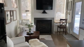 Télévision, cheminée, lecteur de DVD, vidéothÚque