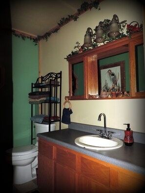 A bathroom with a wooden vanity, a sink, a mirror, and a toilet. - The Nest at 188 is a unique lodging/retreat located in Eureka Springs, Arkansas. (Eureka Springs)