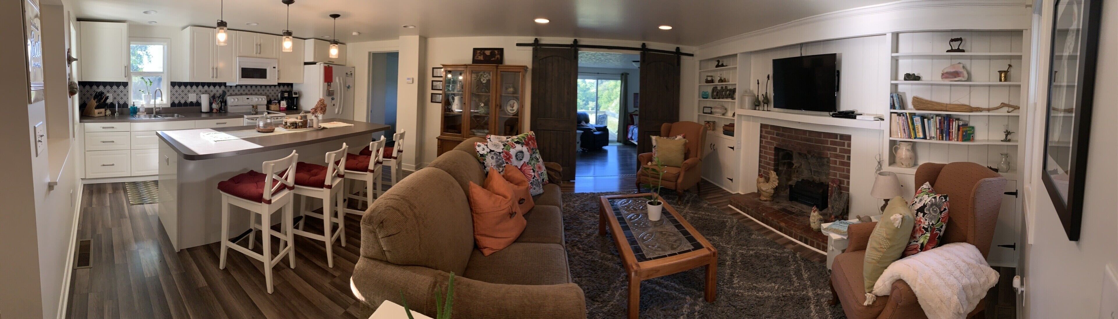 TV connectée, cheminée, lecteur de DVD, livres