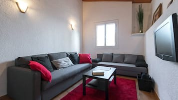 Televisio, takka, kirjoja, stereot