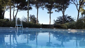 A clear swimming pool with a ladder, surrounded by trees and a tiled border. - Apartment in VILLA " ARIALE " (Vicopisano)