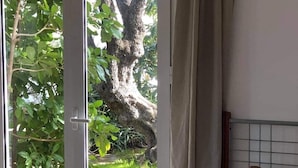 A bedroom with a bed, a window with curtains, and a view of a tree and grass outside. - Lavender villa is set in our beautiful landscaped gardens next to the pool.  (Tsikalaria)