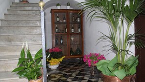 A staircase with a checkered floor, a wooden cabinet with glass doors, and potted plants.