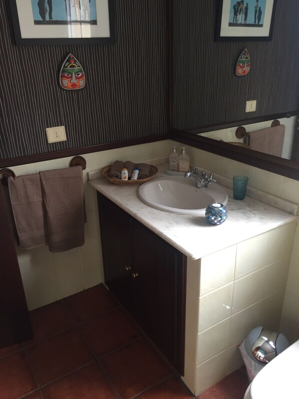 Un baño con lavabo, espejo y dos toallas colgadas en la pared.