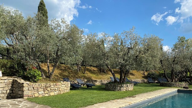 A swimming pool with stone borders, surrounded by a stone wall and grass.