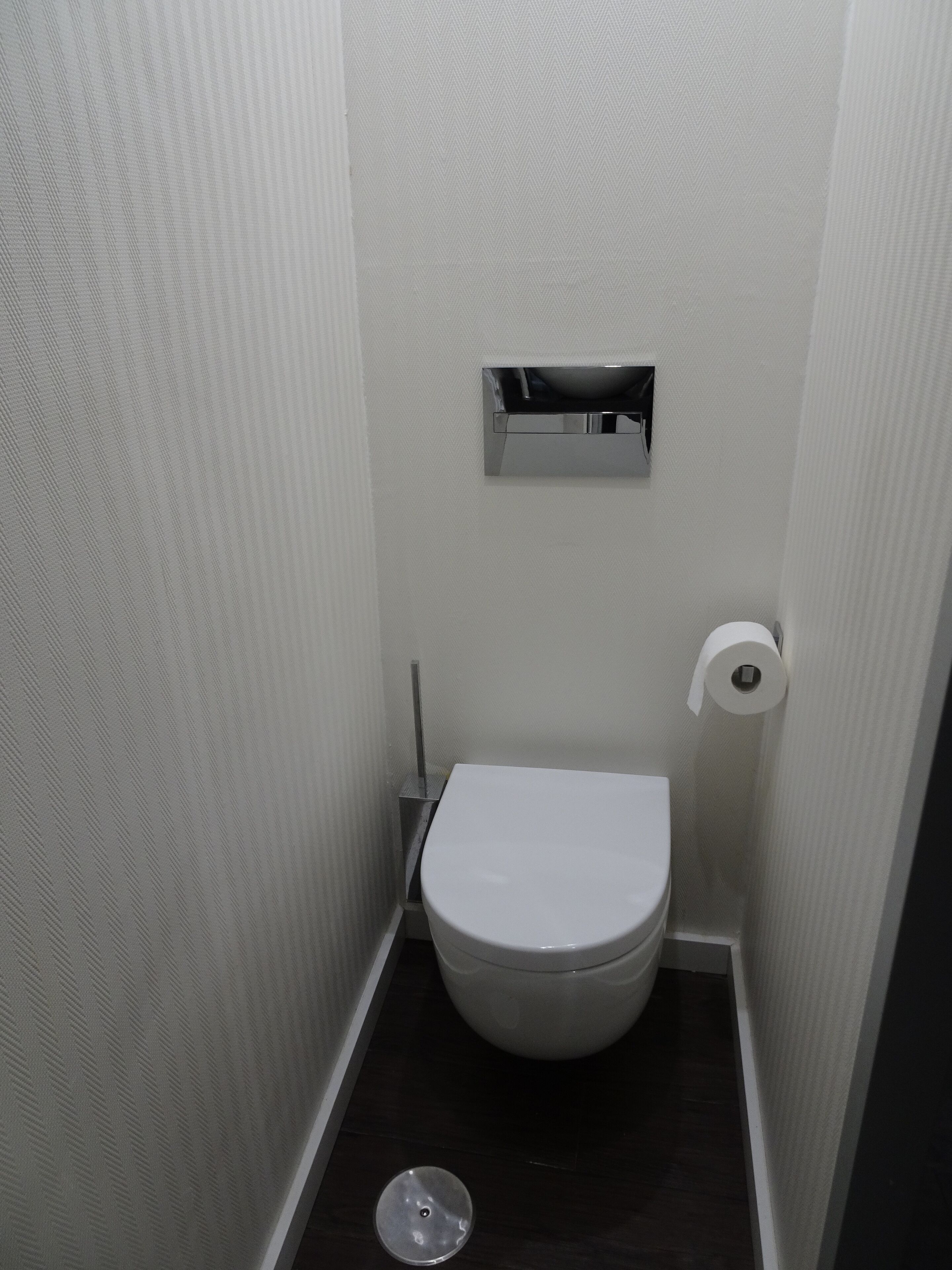 A small, narrow bathroom with a white toilet, a small mirror, and a toilet paper holder.