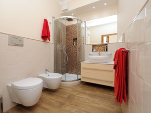 Douche, sèche-cheveux, bidet, serviettes fournies