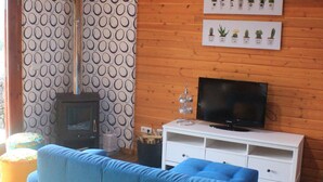 Un salon chaleureux avec un canapé bleu, un téléviseur posé sur un meuble blanc, une cheminée et un mur décoré d’œuvres d’art représentant des cactus.