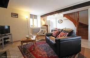 TV connectée, cheminée, lecteur de DVD, livres