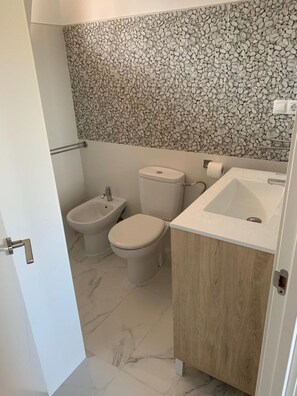 Ensemble douche/baignoire, sèche-cheveux, bidet, serviettes fournies