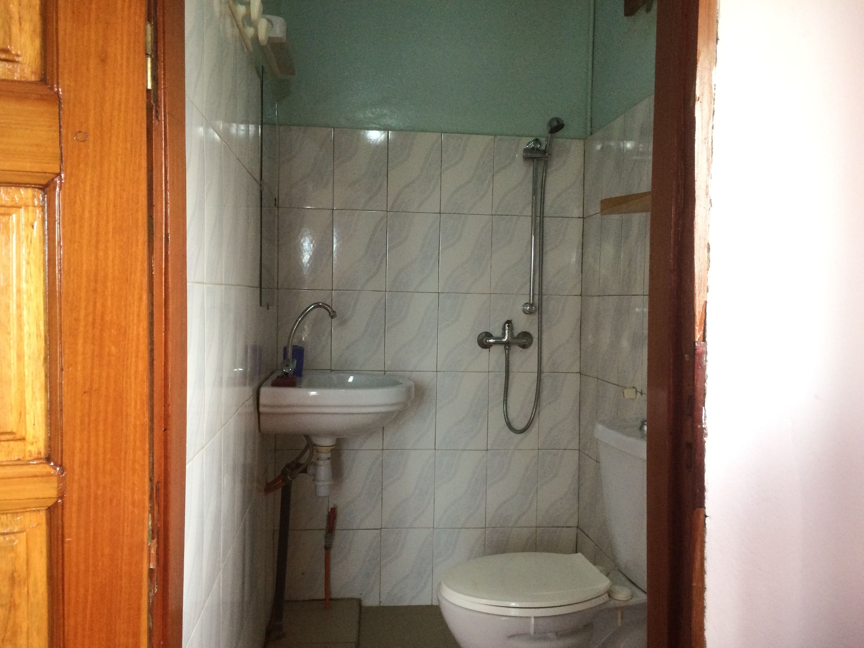 Un baño pequeño con inodoro, lavabo y ducha.