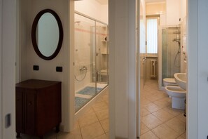 Shower, hair dryer, bidet, towels