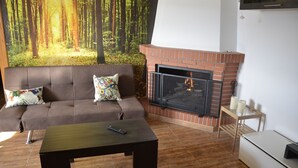 A living room with a sofa, a fireplace, a television, and a coffee table. - Disconnect from the routine and enjoy the countryside (Berja)