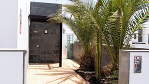 A narrow, tiled pathway leading to a dark-colored door, flanked by a palm tree and a small garden area with various plants. - Beautiful and luxurious villa with heated pool and free Wi-Fi in Playa Blanca.  (Yaiza)