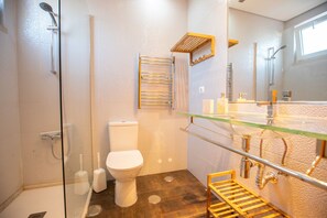 Shower, hair dryer, towels, soap