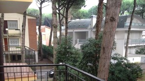 A courtyard with a tiled floor, a metal railing, and trees.