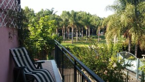 A balcony with a striped chair, a view of a garden with palm trees, and a metal gate.