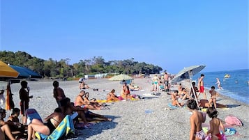 On the beach, sun-loungers