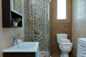 Combined shower/bathtub, hair dryer, towels