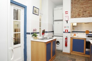 A compact kitchen with a built-in washing machine, a sink, and a small countertop with a plant.