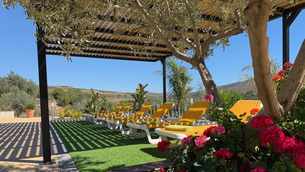 A covered outdoor seating area with yellow lounge chairs and a pergola overhead.