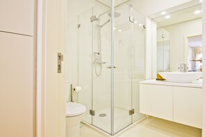 Combined shower/tub, hair dryer, towels, toilet paper