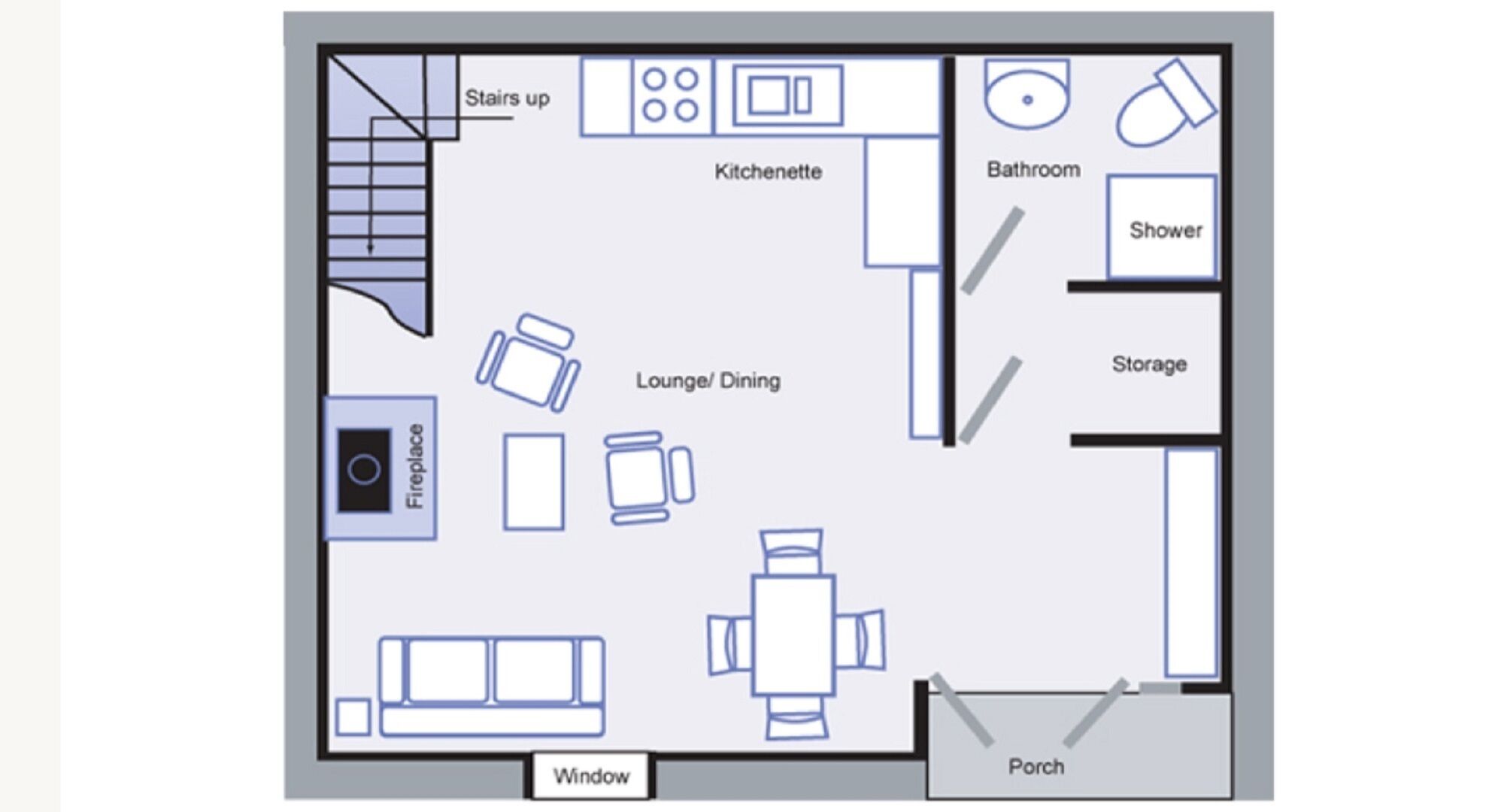 Plano de planta con kitchenette, baño, sala de estar/comedor, chimenea y un porche.