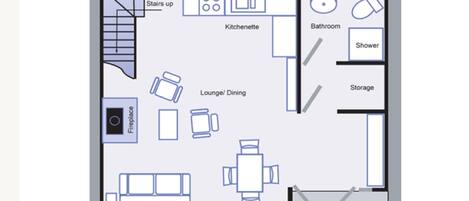 Plano de planta con kitchenette, baño, sala de estar/comedor, chimenea y un porche.
