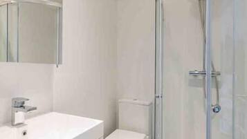 Rainfall showerhead, hair dryer, towels