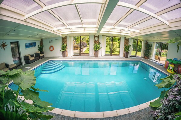 Une grande piscine intérieure dotée d’un toit en verre, entourée de plantes en pot et offrant une vue sur l’extérieur.