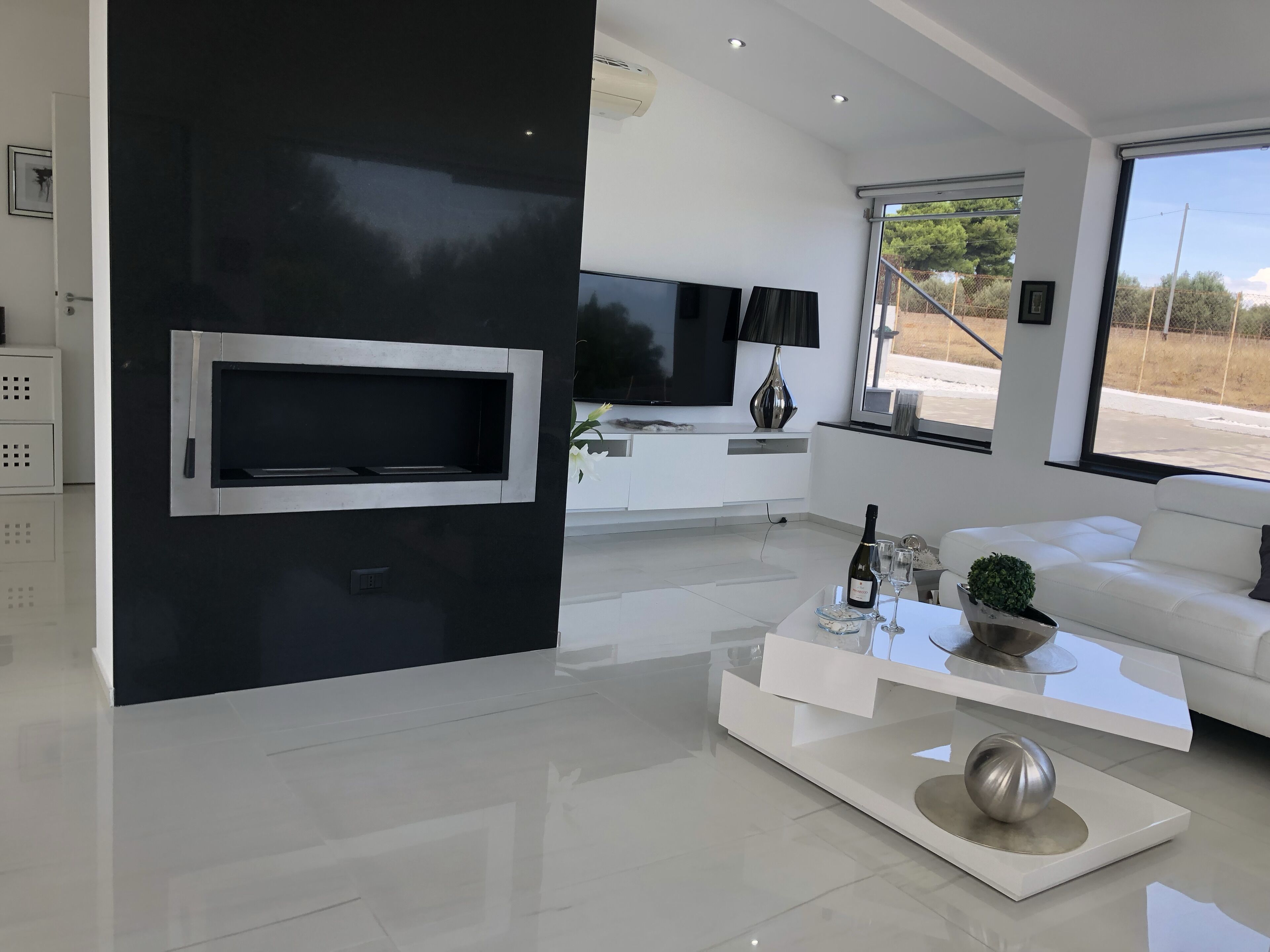 TV connectée, cheminée, lecteur de DVD, livres