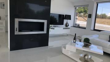 TV connectée, cheminée, lecteur de DVD, livres