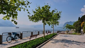 A paved waterfront promenade with benches, a bicycle, and a ship in the background.