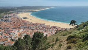 Eine Küstenstadt mit Strand, Gebäuden mit roten Ziegeldächern und blauem, wolkenlosem Himmel.