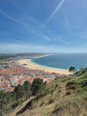 Un borgo costiero con una spiaggia, edifici dai tetti rossi e un cielo azzurro terso.
