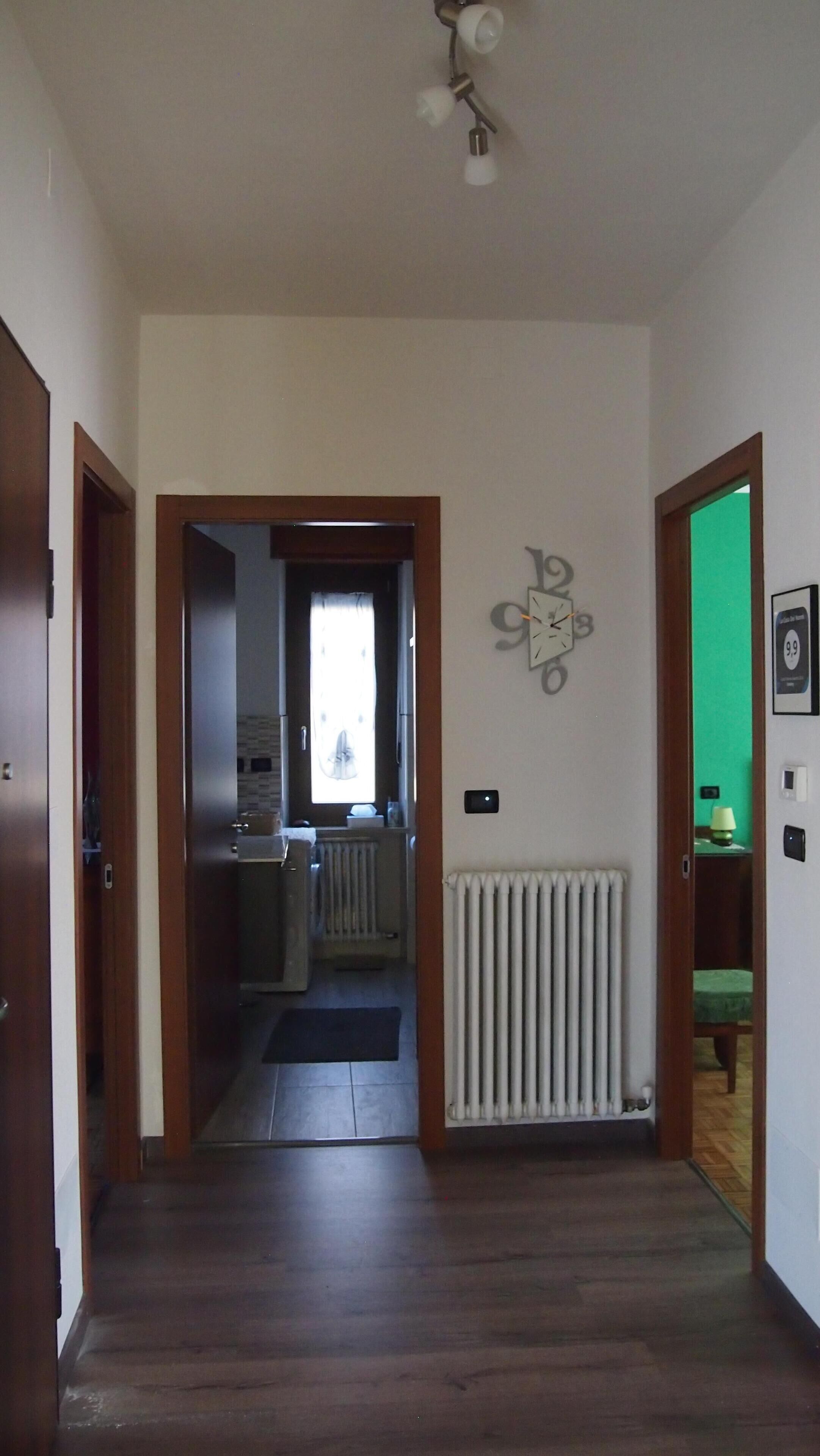 A hallway with a radiator, a clock, and a green screen door.