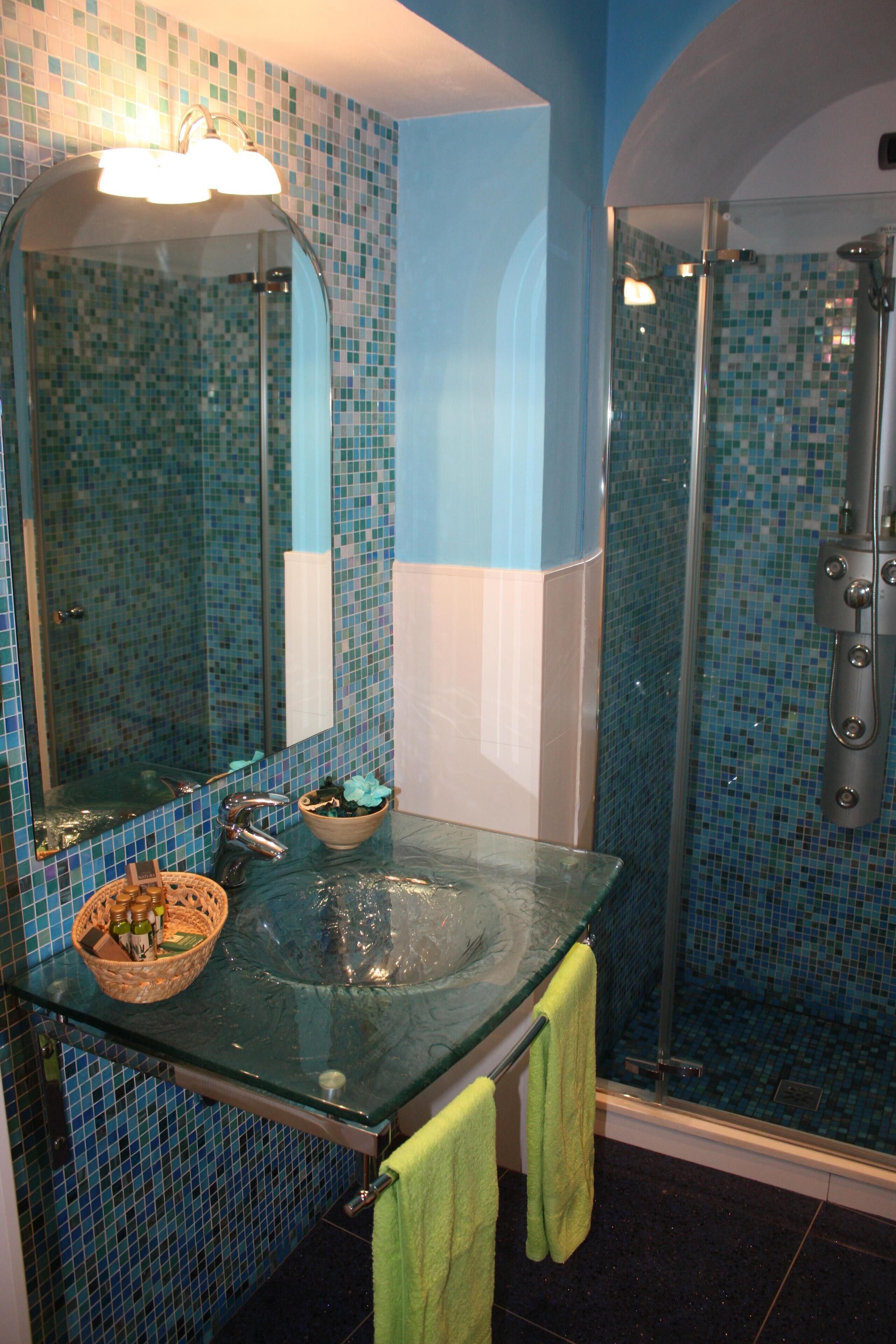 Shower, jetted tub, hair dryer, bidet