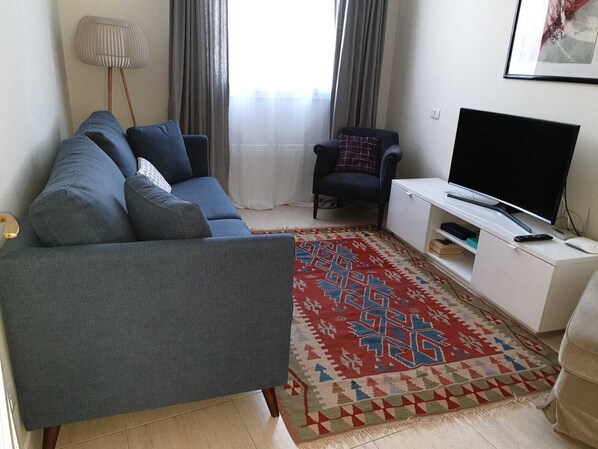 A living room with a sofa, a chair, a TV, and a patterned rug. - Cozy Vegueta. Historic area, families, Workers (Las Palmas de Gran Canaria)
