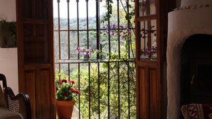 A room with a wooden chair, a potted plant with red flowers, a fireplace, and a view through a barred window with greenery outside. - Romantic, Moorish house, pool, views, terraces - Lecrin Valley, south of Granada (Saleres)