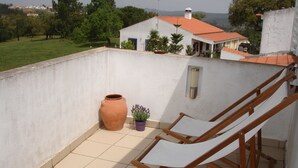 Una terraza en la azotea con una silla blanca, una maceta de terracota grande y una planta en maceta.
