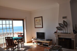 TV connectée, cheminée, lecteur de DVD, livres