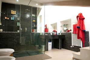 Combined shower/tub, hair dryer, bidet, towels