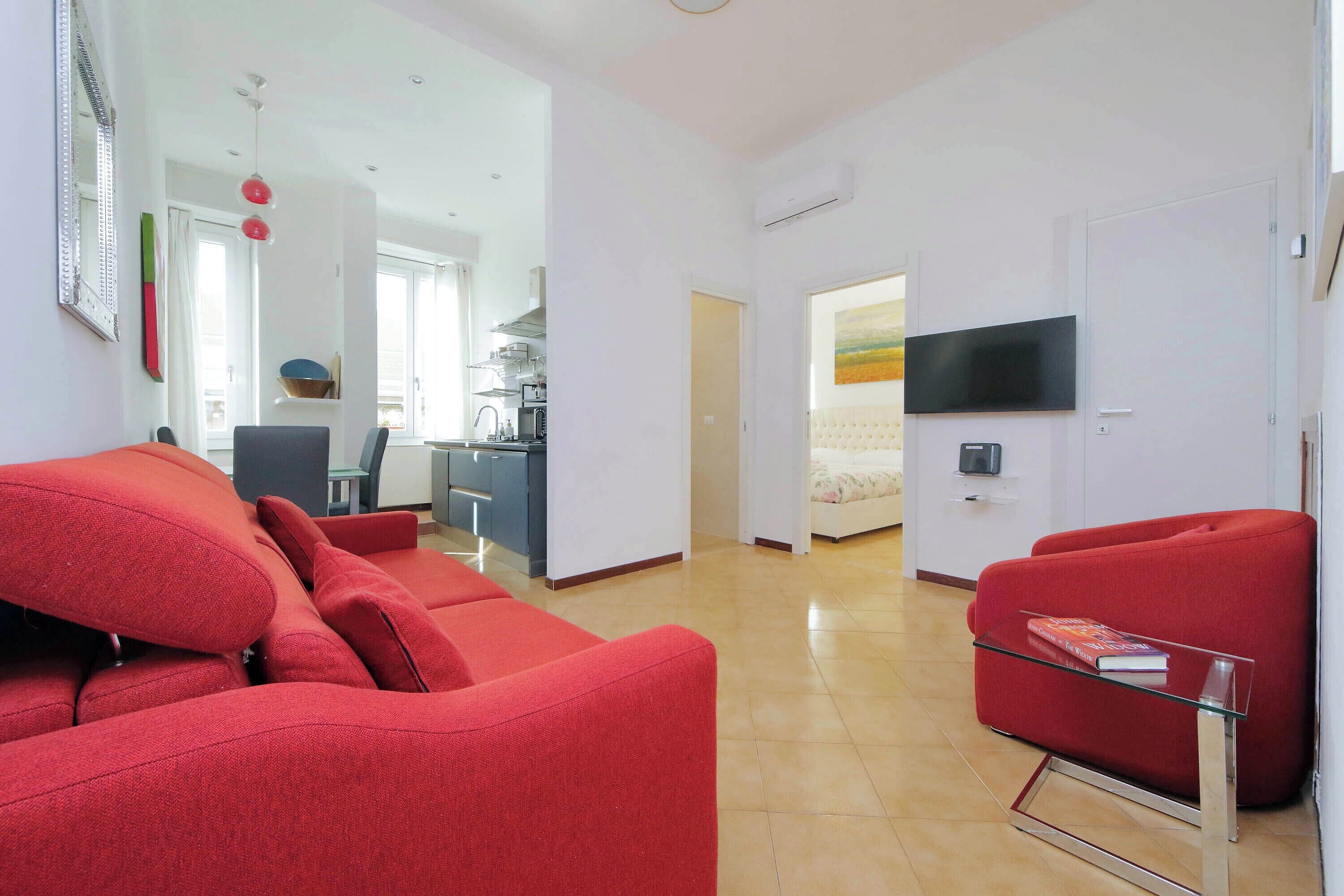 TV, caminetto, lettore DVD, libri