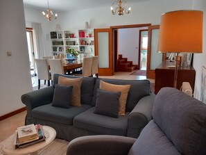 Televisión, chimenea, libros, biblioteca de música