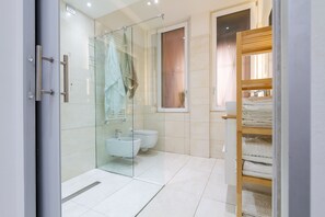 Shower, hair dryer, bidet, towels