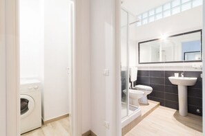 Shower, hair dryer, bidet, towels