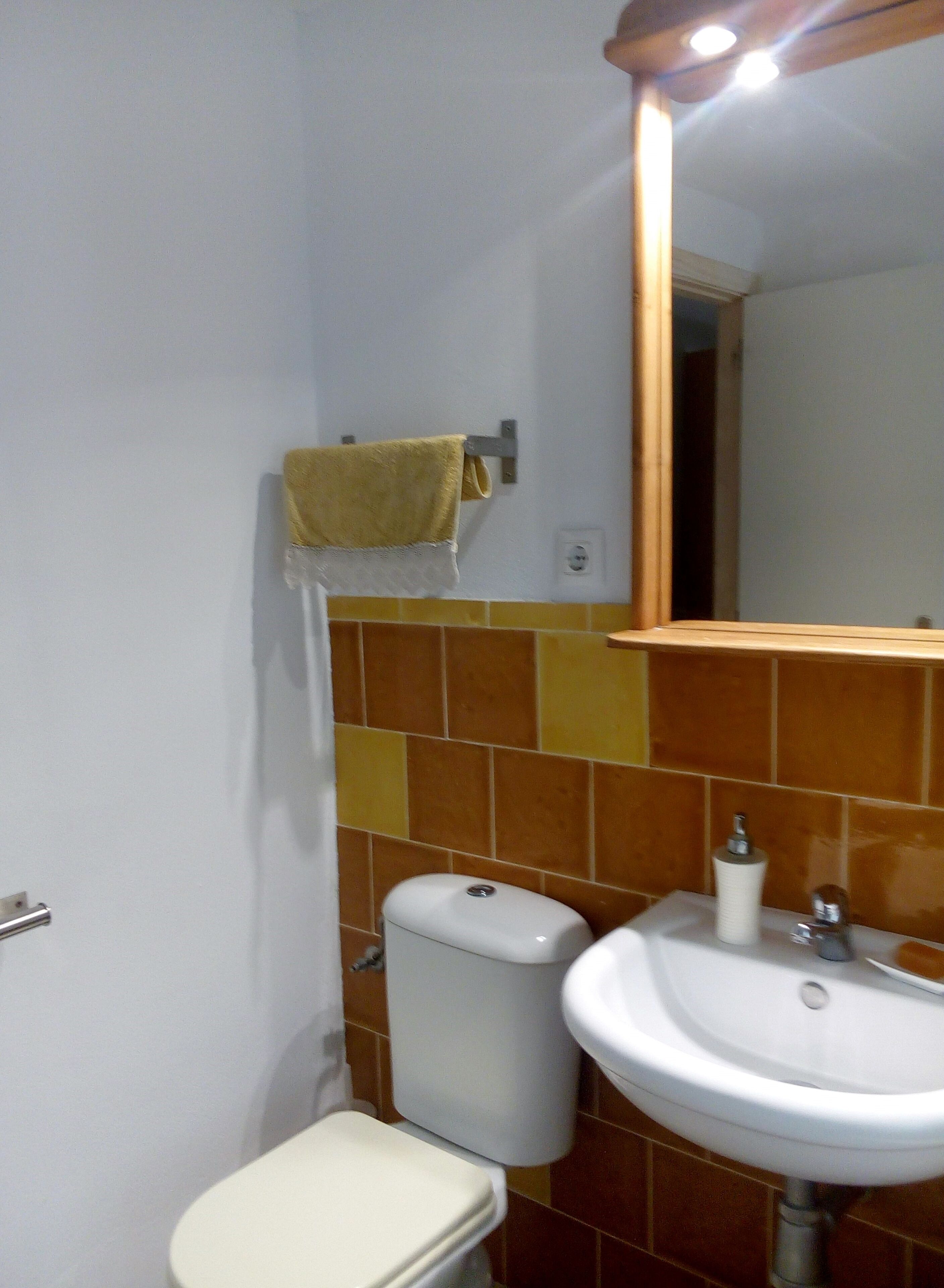 A bathroom with a toilet, sink, and a mirror.