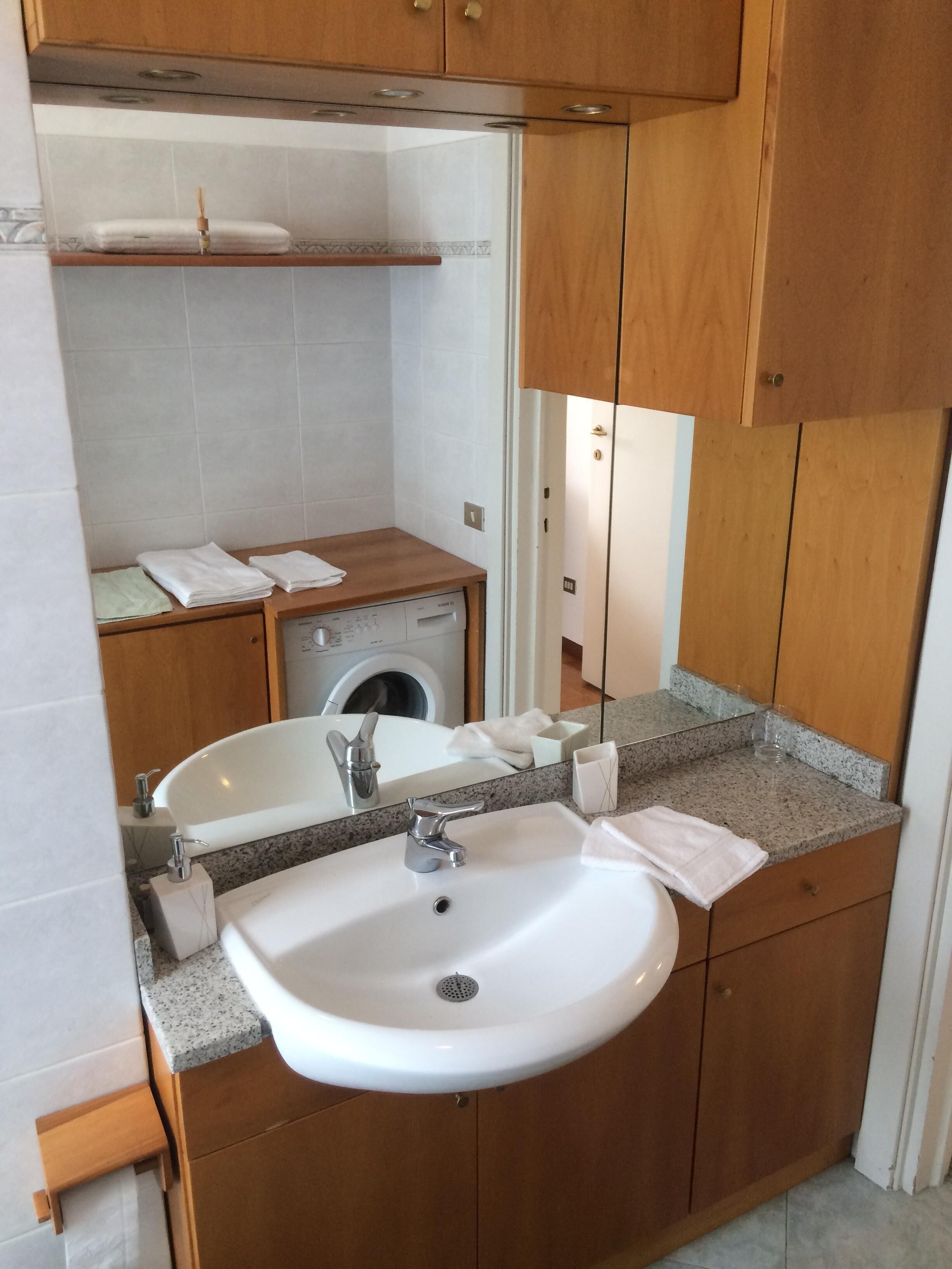 A bathroom with a sink, mirror, and a washing machine.